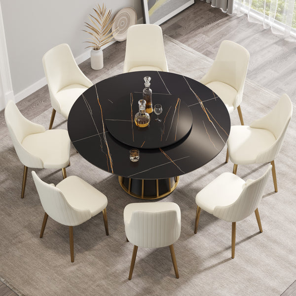 English Elm 59.05"Modern 59.05" Modern Round Dining Table With Lazy Susan - Stylish Sintered Stone Top, Seats 8, Iron Base W1535S00335