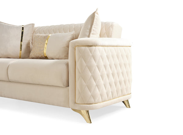 English Elm Luna 3Pc Modern Living Room Set In Ivory - Luxurious Velvet, Hidden Storage & Stylish Gold Legs B009S02053