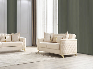 English Elm Luna 3Pc Modern Living Room Set In Ivory - Luxurious Velvet, Hidden Storage & Stylish Gold Legs B009S02053