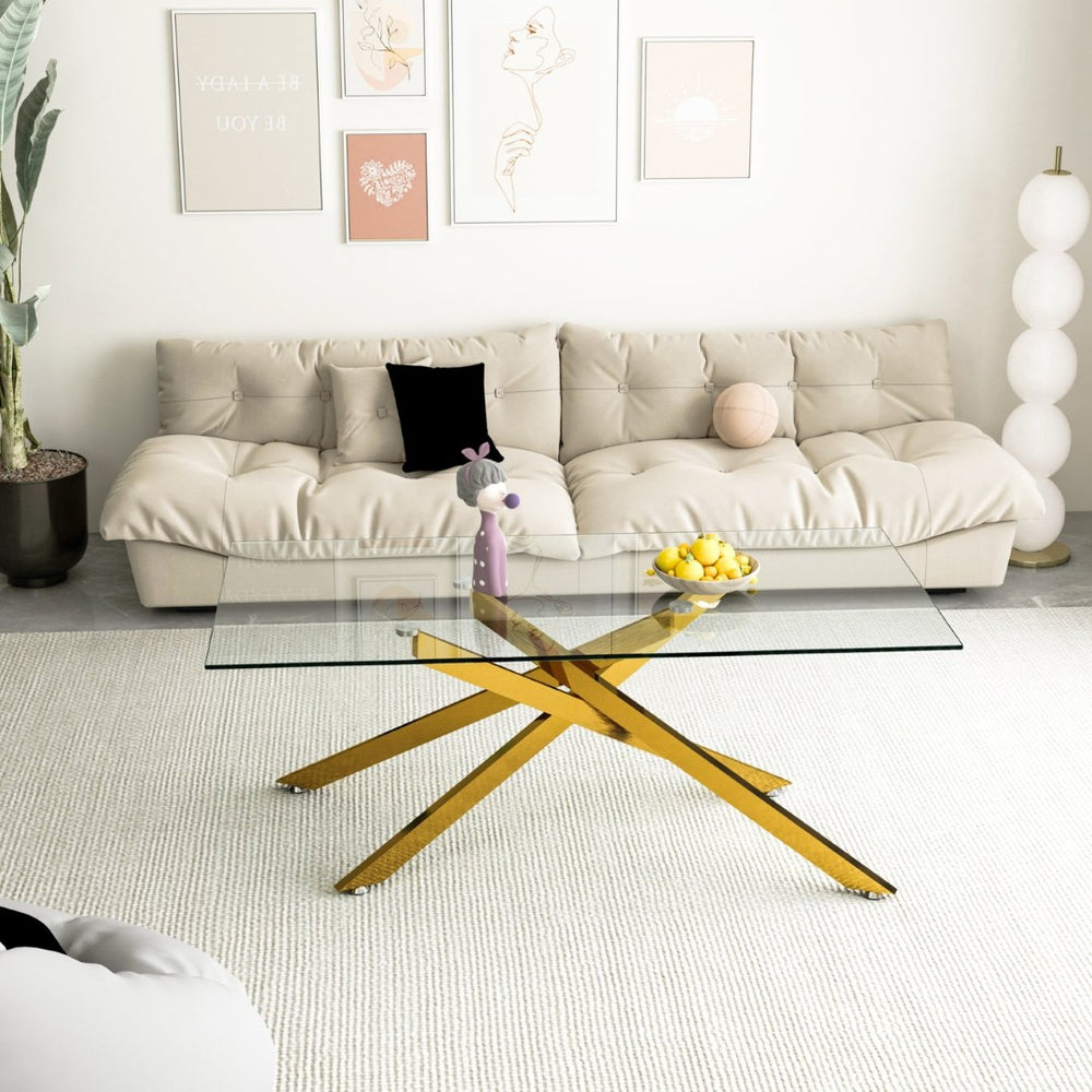 English Elm 47.2" Tempered Glass Top Coffee Table with Powder-coated Black Metal Legs for Living Room W241120463
