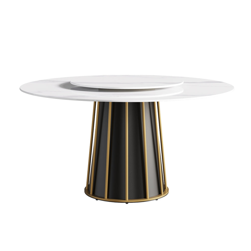 English Elm 59.05"Modern Elegant Round Dining Table With White Sintered Stone Top & Lazy Susan For 8 People W1535S00333