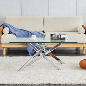 English Elm 39.37" Tempered Glass Rectangular Coffee Table with Powder-coated Metal Legs for Living Room W241120464