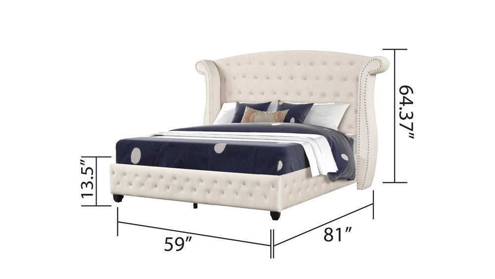 English Elm Sophia Crystal Tufted 5-Piece Full Bed Set In Cream - Glamorous Wood Design With Ample Storage B009S01969-GIGA