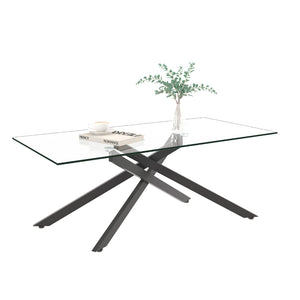 English Elm 47.2" Tempered Glass Top Coffee Table with Powder-coated Black Metal Legs for Living Room W241120468