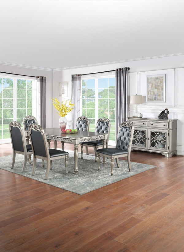 English Elm Formal Rubberwood Rectangular Dining Table Ornate Carved Antique Silver Grey Finish B011138663