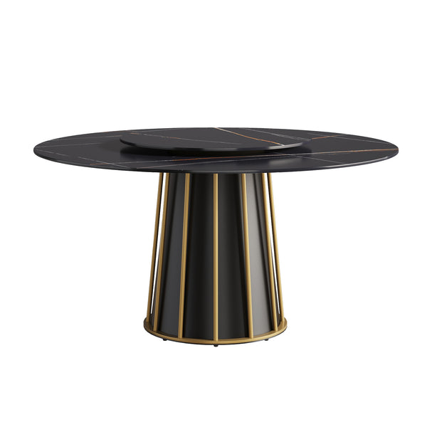 English Elm 59.05"Modern 59.05" Modern Round Dining Table With Lazy Susan - Stylish Sintered Stone Top, Seats 8, Iron Base W1535S00335