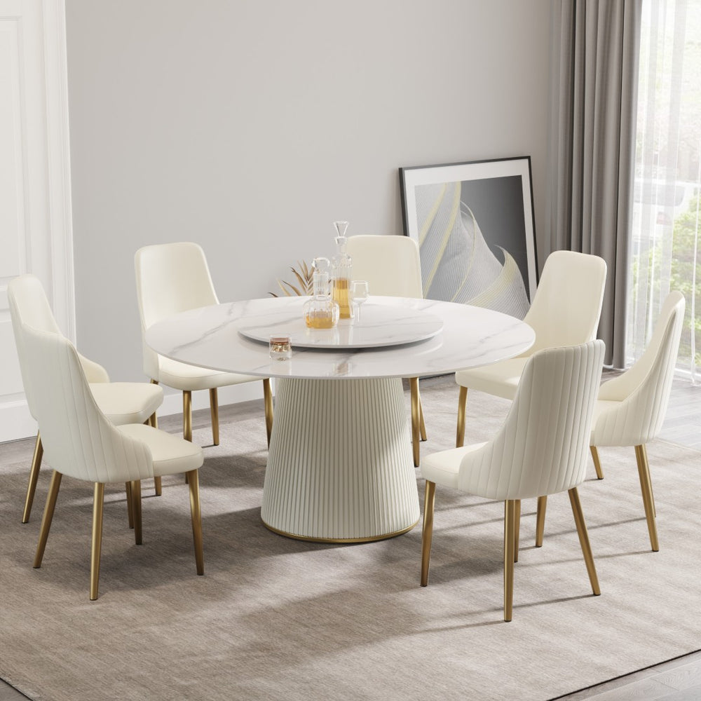 English Elm 59.05 Sintered Stone Round Dining Table with Lazy Susan Seats 8 Sculptural Base W1535S00642