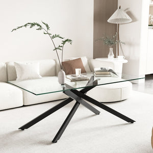 English Elm 47.2" Tempered Glass Top Coffee Table with Powder-coated Black Metal Legs for Living Room W241120468