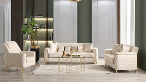 English Elm Luna 3-Piece Modern Living Room Set In Ivory Velvet With Gold Legs, Sofa Bed & Storage Solutions B009S02052