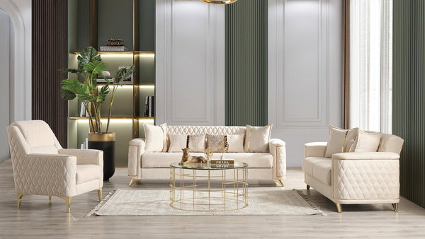 English Elm Luna 3Pc Modern Living Room Set In Ivory - Luxurious Velvet, Hidden Storage & Stylish Gold Legs B009S02053