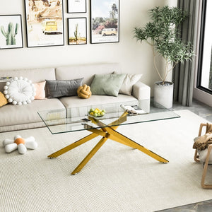 English Elm 47.2" Tempered Glass Top Coffee Table with Powder-coated Black Metal Legs for Living Room W241120463