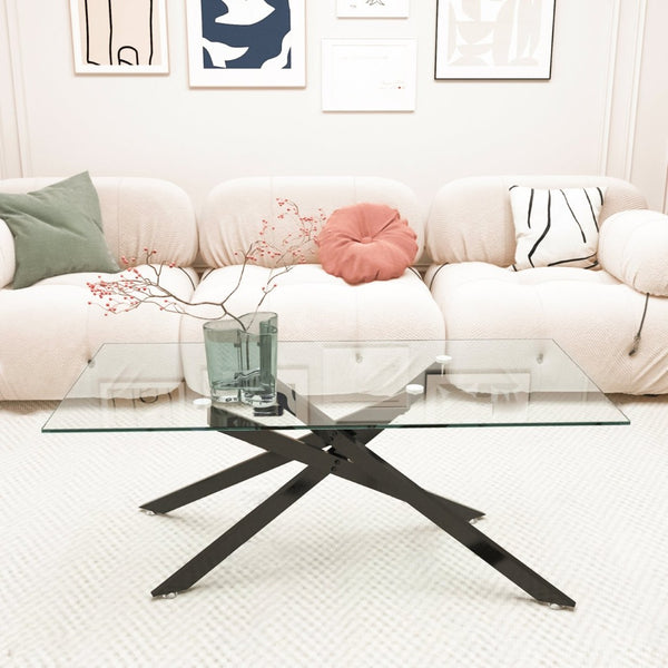 English Elm 39.37" Tempered Glass Rectangular Coffee Table with Powder-coated Metal Legs for Living Room Black W241120466