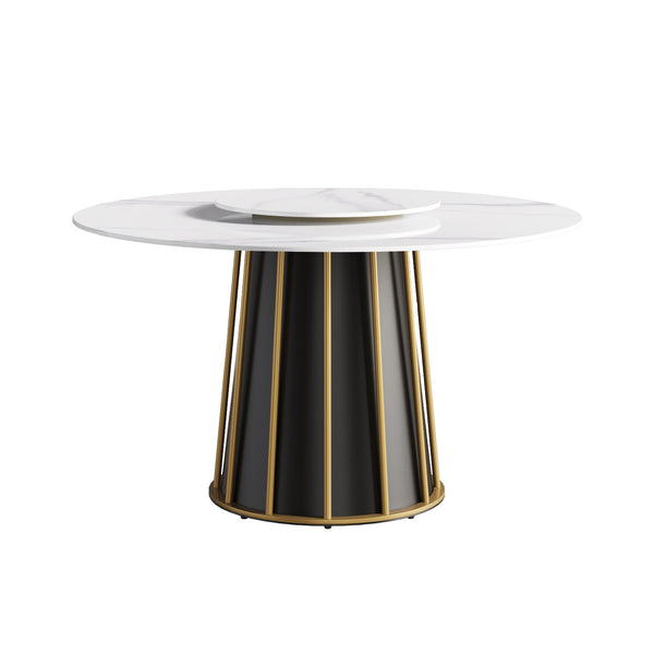 English Elm 53.15"Modern Round Dining Table With Sintered Stone Top & Iron Base - Seats 6 With Rotating Turntable W1535S00334