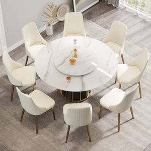 English Elm 59.05"Modern Elegant Round Dining Table With White Sintered Stone Top & Lazy Susan For 8 People W1535S00333