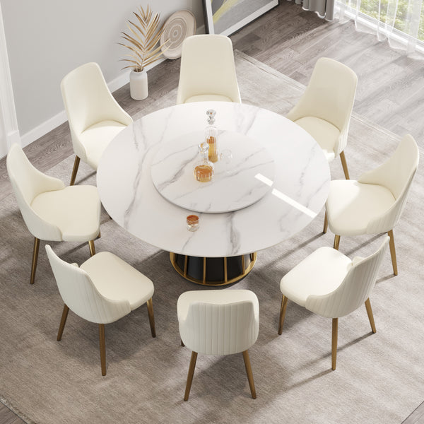English Elm 59.05"Modern Elegant Round Dining Table With White Sintered Stone Top & Lazy Susan For 8 People W1535S00333