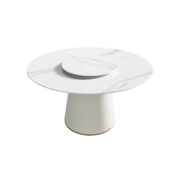 English Elm 53.15" Modern Round White Artificial Stone Dining Table With Rotating Turntable For 6 People W1535S00338