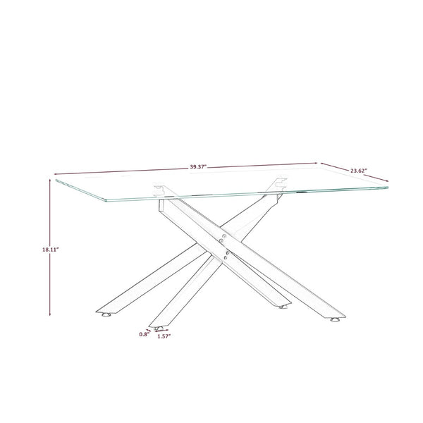 English Elm 39.37" Tempered Glass Rectangular Coffee Table with Powder-coated Metal Legs for Living Room Black W241120466