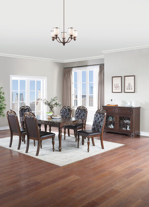 English Elm Traditional Formal 7pc Dining Set with Tufted Cushion Chairs and Intricate Silver Grey Finish Elegance Brown 47 L x 7 W x 77 H B011S00602