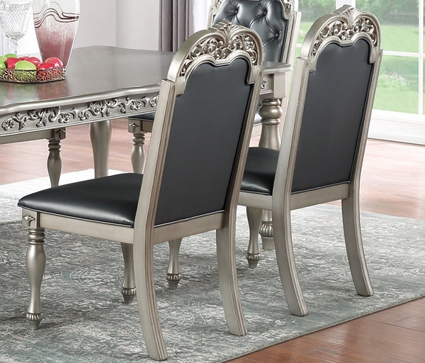 English Elm Traditional Formal 7pc Dining Set with Tufted Cushion Chairs and Intricate Silver Grey Finish Elegance Gray+Silver 47 L x 7 W x 77 H B011S00601