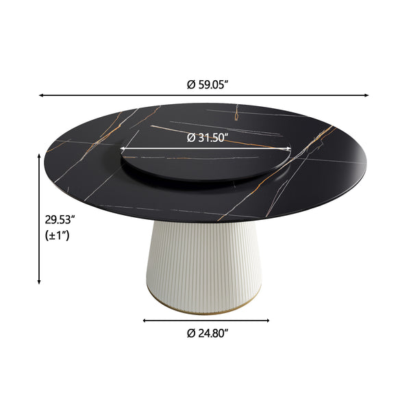 English Elm 59.05 Modern Round Dining Table With Rotating Turntable - Seats 6-8, Durable Sintered Stone Top W1535S00339