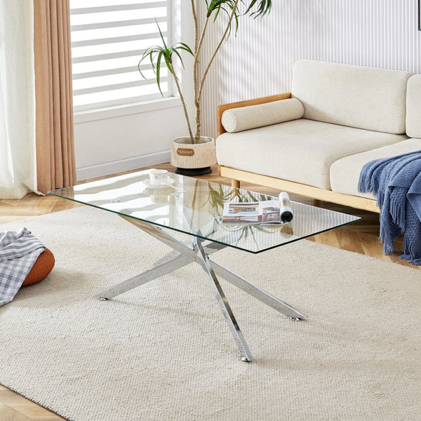 English Elm 47.2" Tempered Glass Top Coffee Table with Powder-coated Black Metal Legs for Living Room W241120467