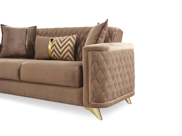 English Elm Luna Velvet 2Pc Living Room Set in Copper – Modern Sofa & Loveseat w/ Gold Legs, Storage & Sleeper B009S01543