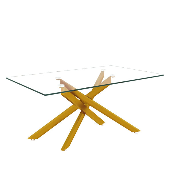 English Elm 39.37" Tempered Glass Rectangular Coffee Table with Powder-coated Metal Legs for Living Room Golden W241120460