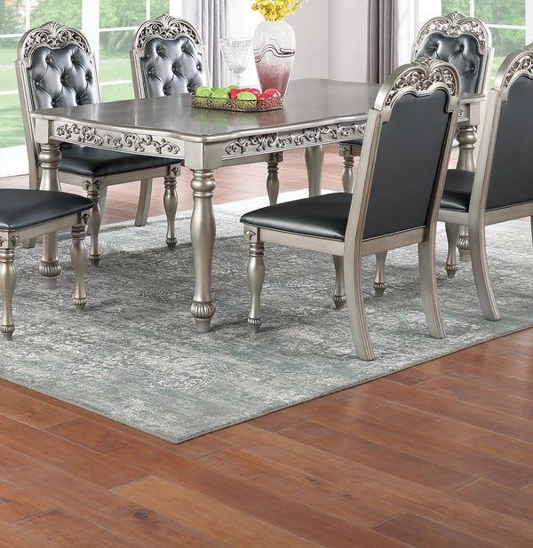 English Elm Traditional Formal 7pc Dining Set with Tufted Cushion Chairs and Intricate Silver Grey Finish Elegance Gray+Silver 47 L x 7 W x 77 H B011S00601