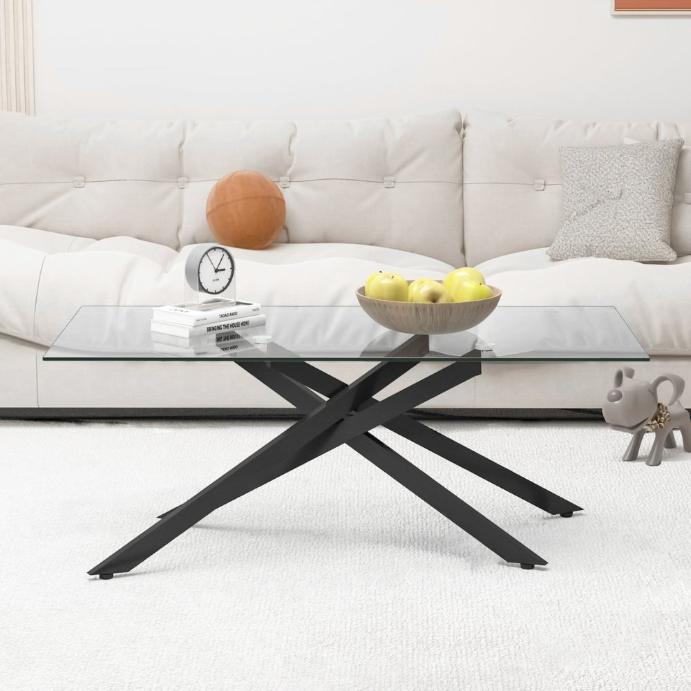 English Elm 47.2" Tempered Glass Top Coffee Table with Powder-coated Black Metal Legs for Living Room W241120468