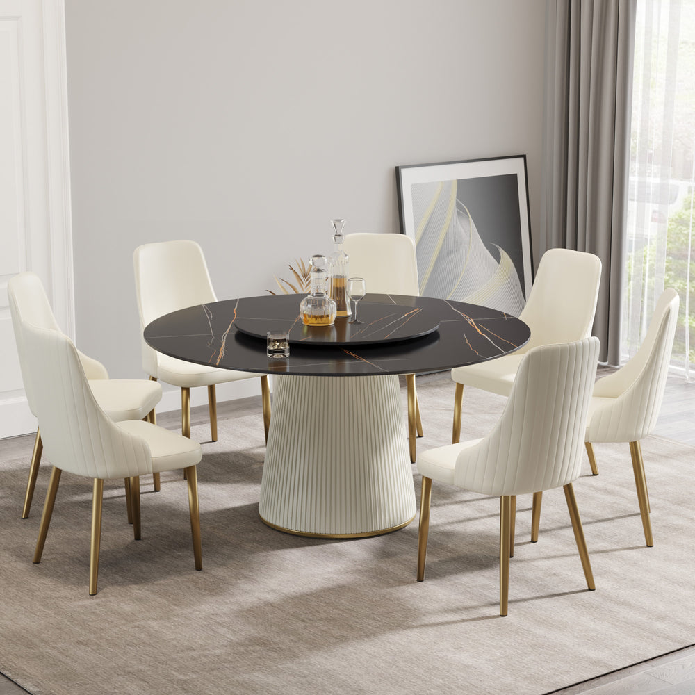 English Elm 59.05 Modern Round Dining Table With Rotating Turntable - Seats 6-8, Durable Sintered Stone Top W1535S00339