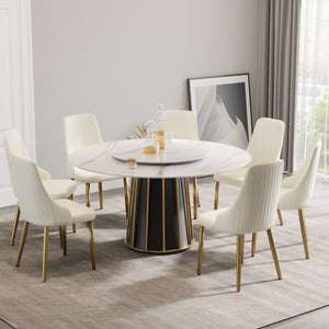 English Elm 59.05"Modern Elegant Round Dining Table With White Sintered Stone Top & Lazy Susan For 8 People W1535S00333