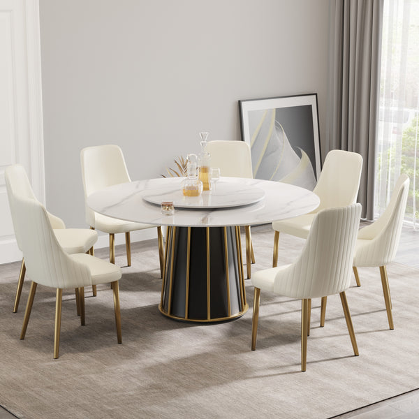 English Elm 59.05"Modern Elegant Round Dining Table With White Sintered Stone Top & Lazy Susan For 8 People W1535S00333