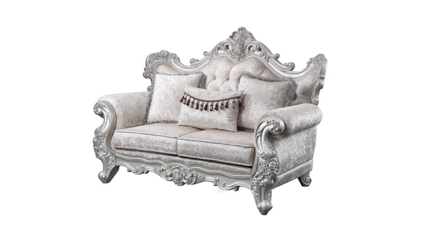 English Elm Melrose 5PC Living Room Set in Champagne Wood with Silver Brush Accents, Plush Pillows & Tables B009S01334