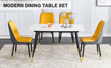 Hearth and Haven Table and Chair Set. White Imitation Marble Patterned Burnt Stone Tabletop with Black Metal Legs. Orange Deep Gray Dual Tone Leatherette Leather Backrest and Black Metal Leg Chair. 1 Table and 4 Chairs 001 007 W1151S00407