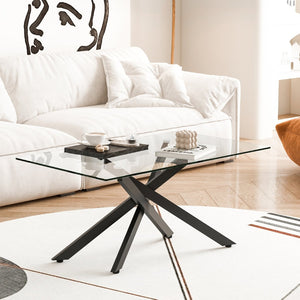English Elm 39.37" Tempered Glass Rectangular Coffee Table with Powder-coated Metal Legs for Living Room Black W241120466