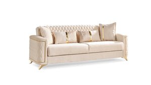 English Elm Luna 2Pc Modern Ivory Living Room Set with Velvet Sofa & Loveseat, Gold Legs, Hidden Storage, Bed Mechanism B009S02050