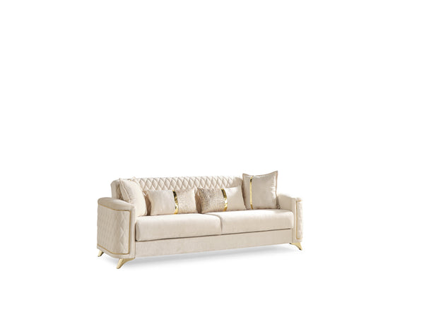 English Elm Luna 3-Piece Modern Living Room Set In Ivory Velvet With Gold Legs, Sofa Bed & Storage Solutions B009S02052