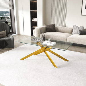 English Elm 47.2" Tempered Glass Top Coffee Table with Powder-coated Black Metal Legs for Living Room W241120463