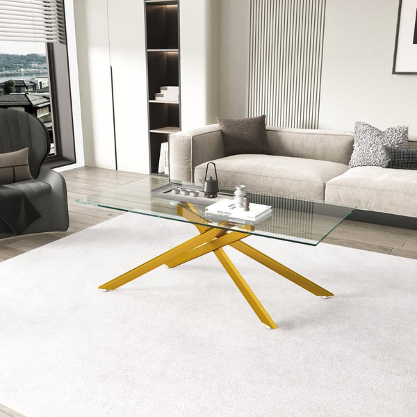 English Elm 47.2" Tempered Glass Top Coffee Table with Powder-coated Black Metal Legs for Living Room W241120463