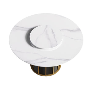 English Elm 53.15"Modern Round Dining Table With Sintered Stone Top & Iron Base - Seats 6 With Rotating Turntable W1535S00334