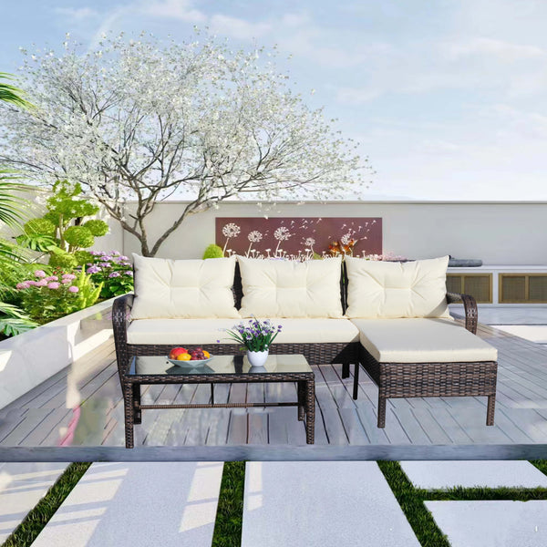 English Elm Outdoor 3-Piece Wicker Patio Furniture Set - Stylish Sectional Sofa With Beige Cushions & Table W209S00008