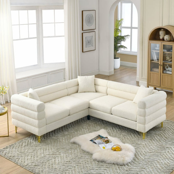 English Elm 81.5-inch Teddy Velvet L-shaped Sectional Sofa Gold Legs Art Deco 5 Seat Lounge W834S00607