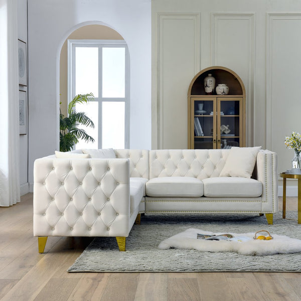 English Elm 82.2-Inch Velvet Corner Sofa with Copper Nail Trim, Solid Wood Frame, Plush Cotton Fill for Living Room Elegance Beige W834S00128