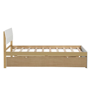 English Elm Modern Twin Bed with High Gloss Headboard Light Oak Trundle for Compact Spaces White + Light Oak W697131327