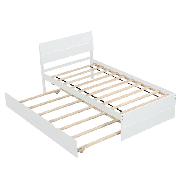 English Elm Modern Twin Bed with High Gloss Headboard Light Oak Trundle for Compact Spaces Creamy White,White W697131325