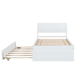 English Elm Modern Twin Bed with High Gloss Headboard Light Oak Trundle for Compact Spaces Creamy White,White W697131325