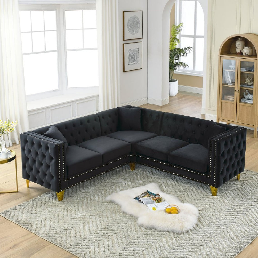 English Elm 82.2-inch Velvet Chesterfield Sectional Tufted Button Sofa with Copper Nailhead Five Seat Black W834S00604