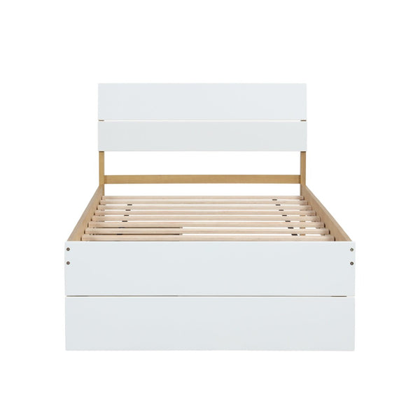 English Elm Modern Twin Bed with High Gloss Headboard Light Oak Trundle for Compact Spaces W697131330