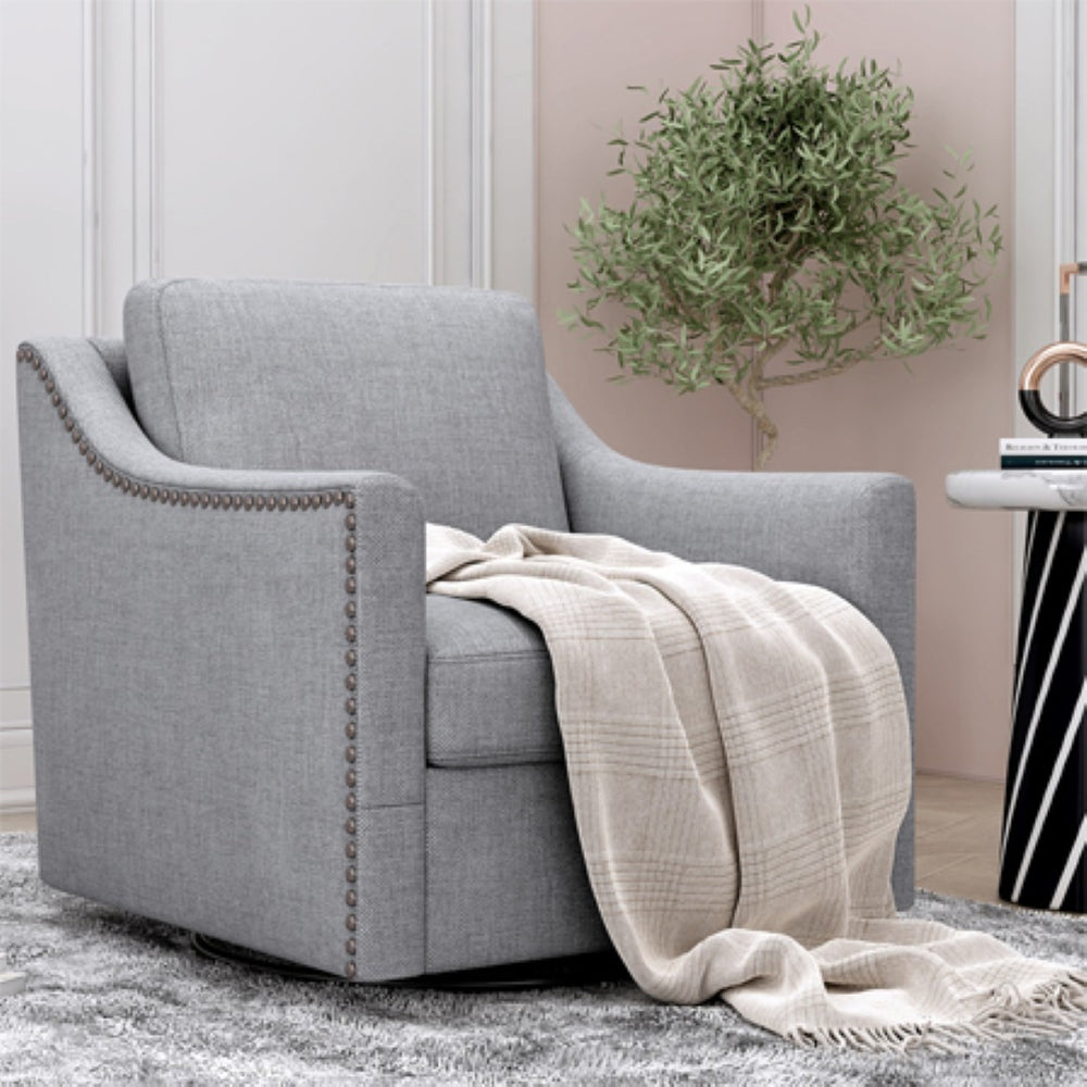 English Elm 360 Swivel Barrel Armchair Cotton Linen Upholstery Brass Nailhead Trim Living Room Grey W2113127543