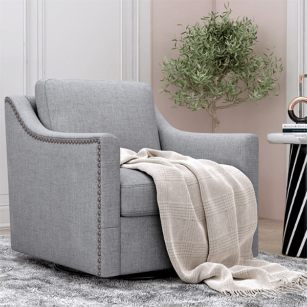 English Elm 360 Swivel Barrel Armchair Cotton Linen Upholstery Brass Nailhead Trim Living Room Grey W2113127543